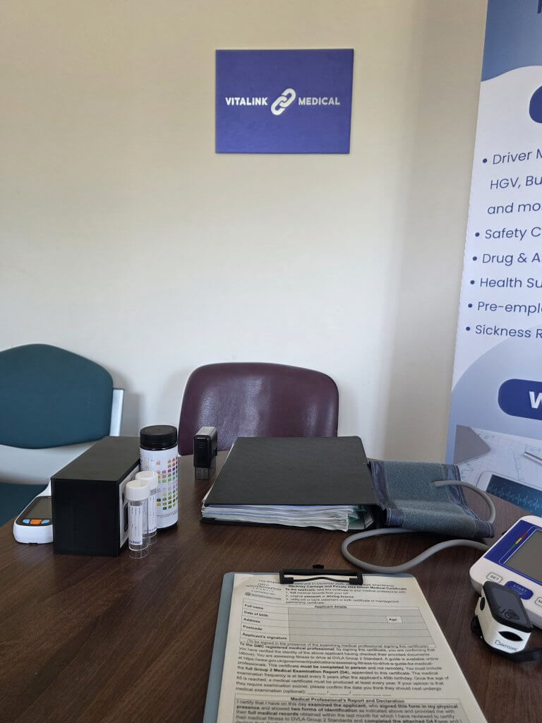 A D4 medical form on a desk in the Preston clinic, ready for a bus or PCV driver's assessment.