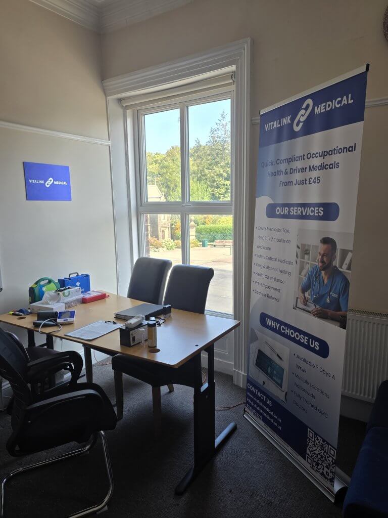 Medical consultation room at Vitalink Medical in Preston, equipped for pre-employment medicals and occupational health assessments.